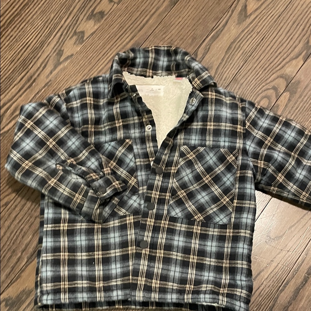 Zara Black and Cream Plaid Sherpa-Lined Kids Jacket
